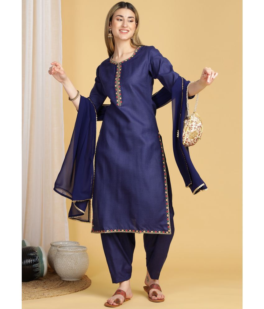     			TRAHIMAM Cotton Embroidered Kurti With Patiala Women's Stitched Salwar Suit - Blue ( Pack of 1 )