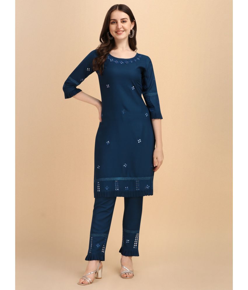     			TRAHIMAM Rayon Embellished Kurti With Pants Women's Stitched Salwar Suit - Blue ( Pack of 1 )