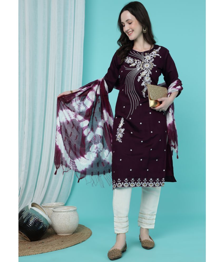     			TRAHIMAM Silk Blend Embroidered Kurti With Pants Women's Stitched Salwar Suit - Purple ( Pack of 1 )