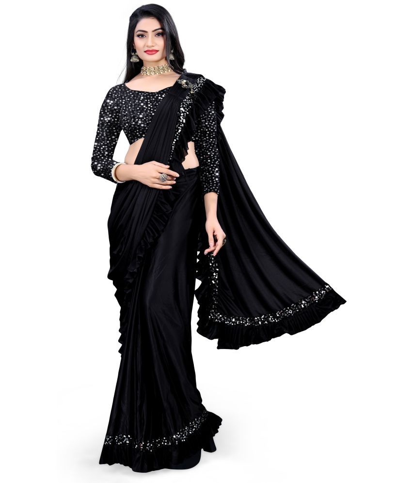     			Vkaran Cotton Silk Applique Saree Without Blouse Piece - Black ( Pack of 1 )