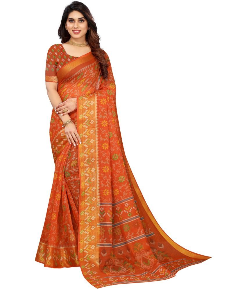     			Vkaran Cotton Silk Applique Saree Without Blouse Piece - Orange ( Pack of 3 )