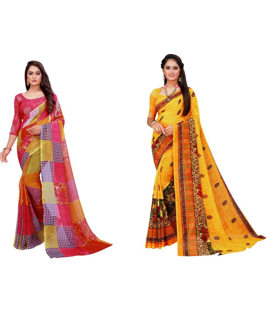     			Vkaran Cotton Silk Printed Saree With Blouse Piece - Multicolor ( Pack of 2 )