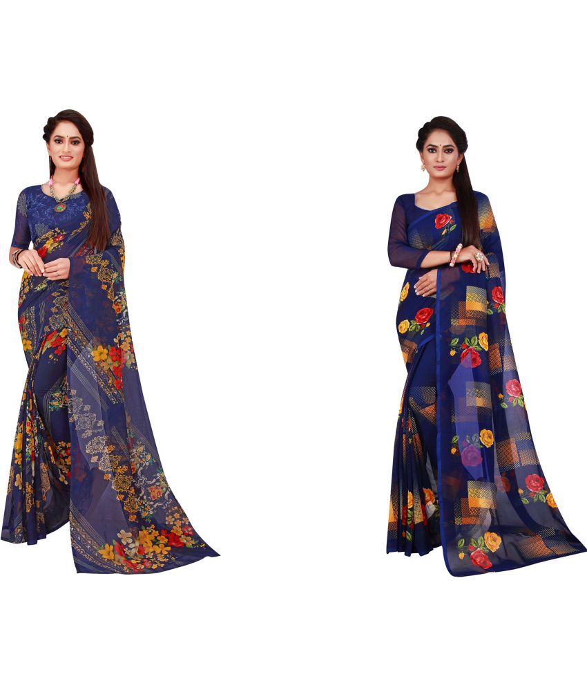     			Vkaran Cotton Silk Printed Saree With Blouse Piece - Multicolor ( Pack of 2 )