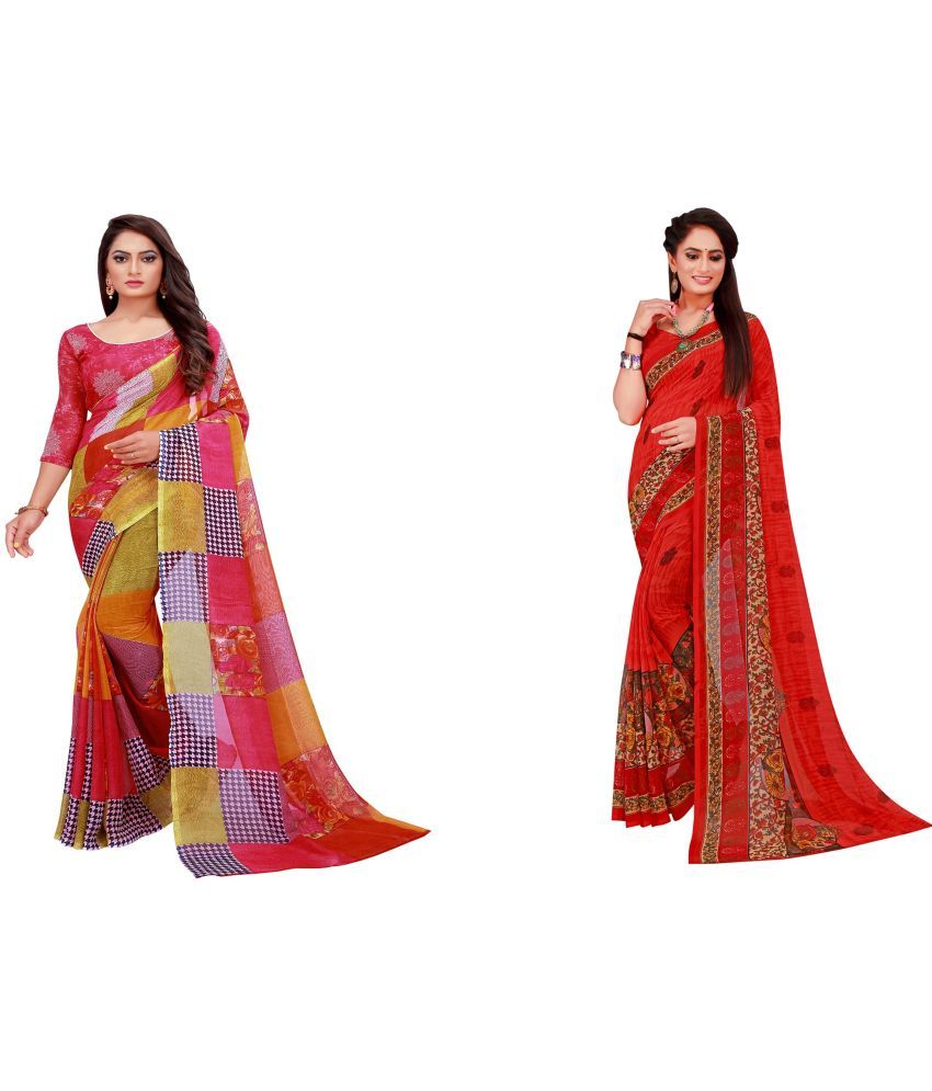     			Vkaran Cotton Silk Printed Saree With Blouse Piece - Multicolor ( Pack of 2 )