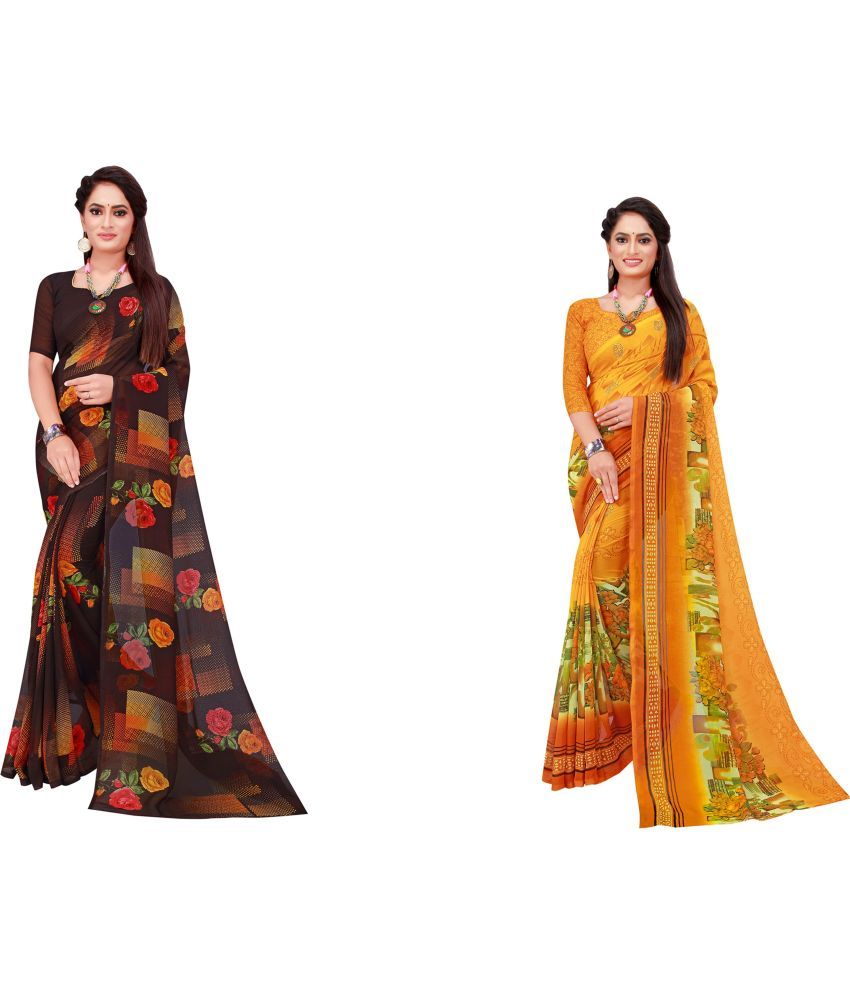     			Vkaran Cotton Silk Printed Saree With Blouse Piece - Multicolor ( Pack of 2 )