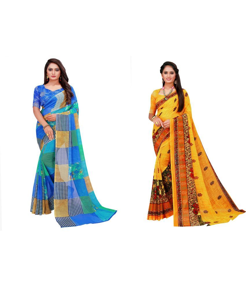     			Vkaran Cotton Silk Printed Saree With Blouse Piece - Multicolor ( Pack of 2 )