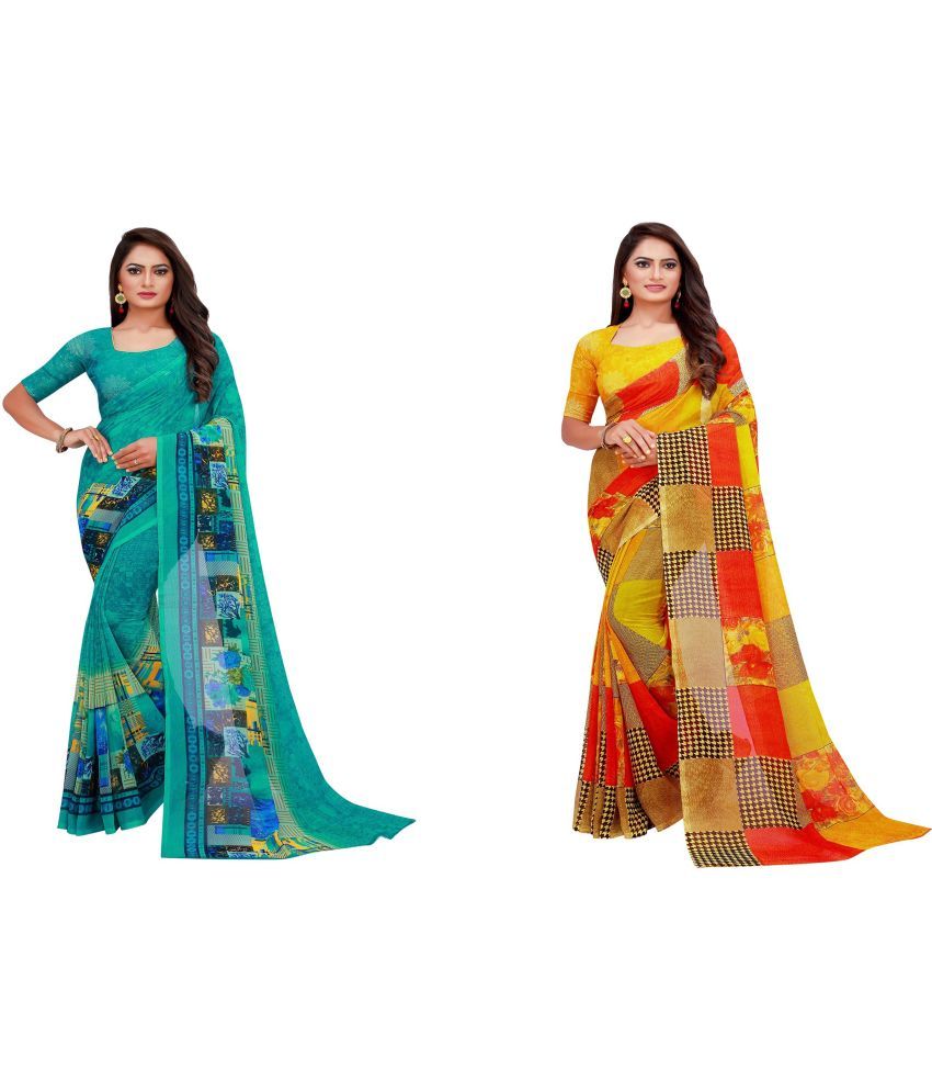     			Vkaran Cotton Silk Printed Saree With Blouse Piece - Multicolor ( Pack of 2 )