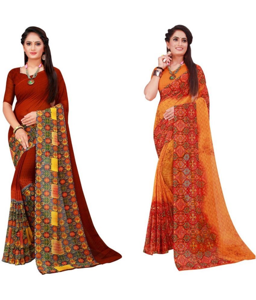     			Vkaran Cotton Silk Printed Saree With Blouse Piece - Multicolor ( Pack of 2 )