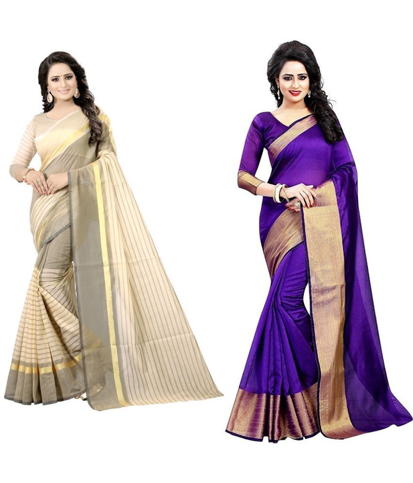     			Vkaran Cotton Silk Printed Saree With Blouse Piece - Multicolor ( Pack of 2 )