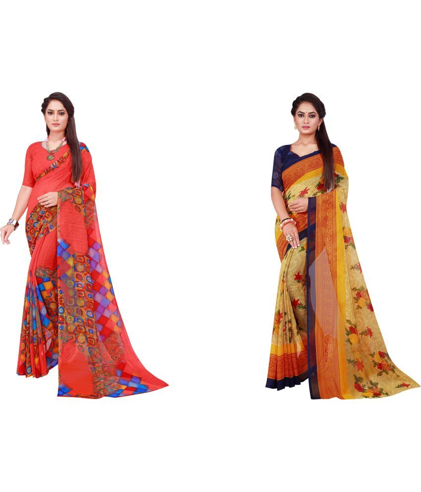     			Vkaran Cotton Silk Printed Saree With Blouse Piece - Multicolor ( Pack of 2 )