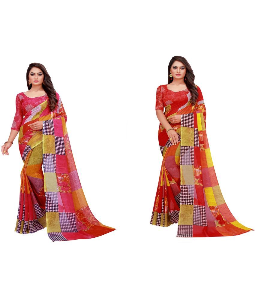     			Vkaran Cotton Silk Printed Saree With Blouse Piece - Multicolor ( Pack of 2 )