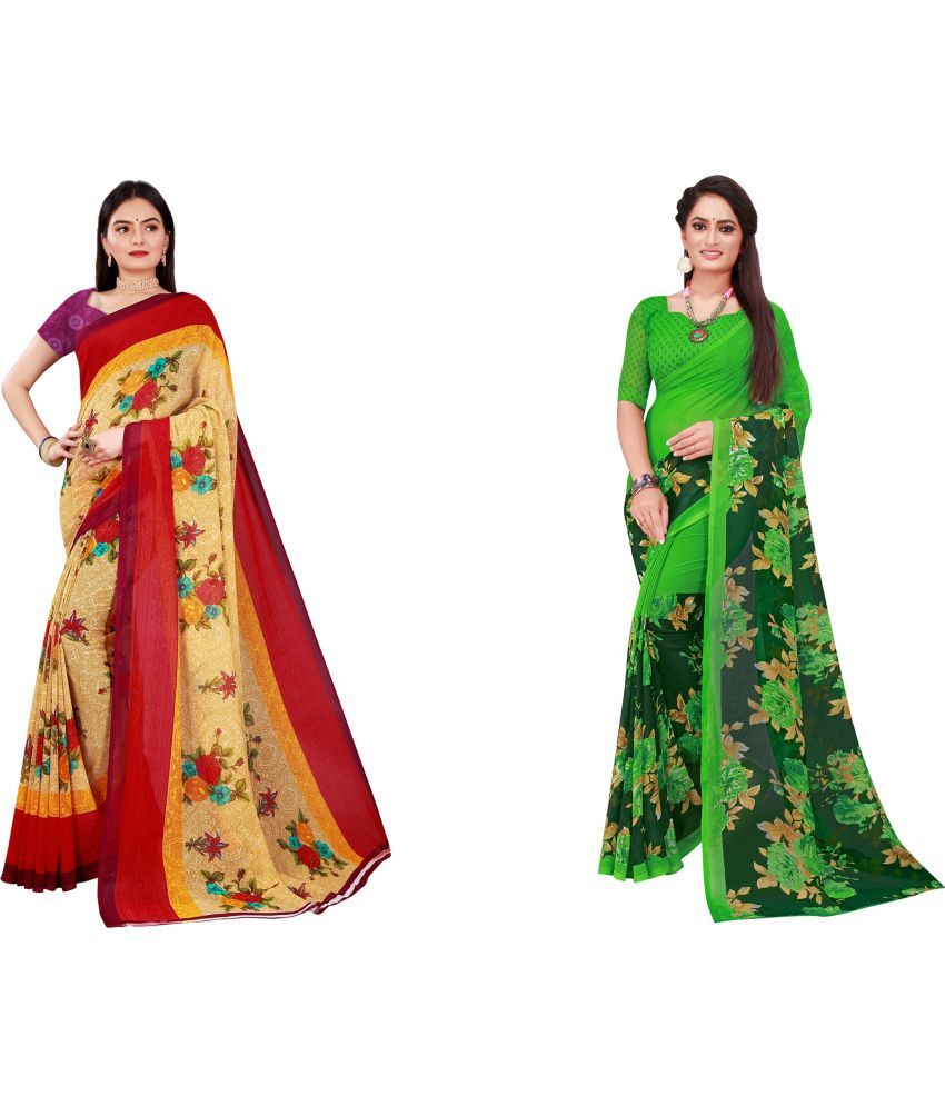     			Vkaran Cotton Silk Printed Saree With Blouse Piece - Multicolor ( Pack of 2 )