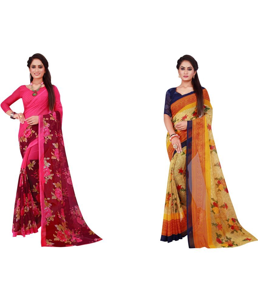     			Vkaran Cotton Silk Printed Saree With Blouse Piece - Multicolor ( Pack of 2 )