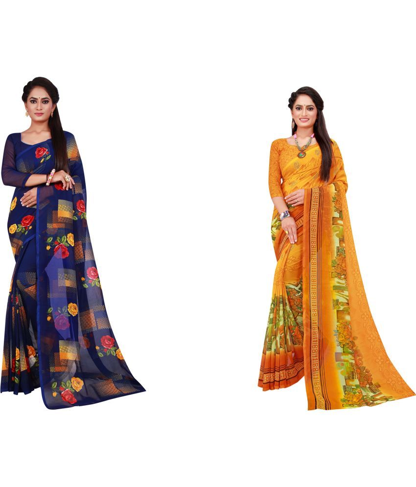     			Vkaran Cotton Silk Printed Saree With Blouse Piece - Multicolor ( Pack of 2 )