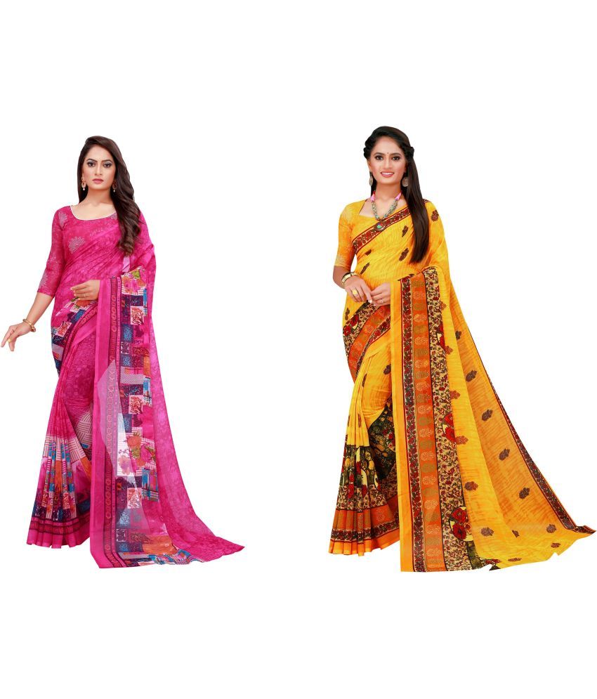     			Vkaran Cotton Silk Printed Saree With Blouse Piece - Multicolor ( Pack of 2 )