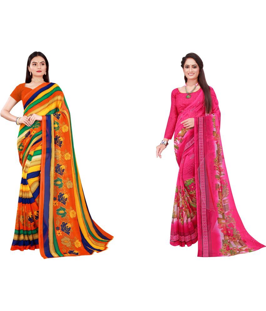     			Vkaran Cotton Silk Printed Saree With Blouse Piece - Multicolor ( Pack of 2 )