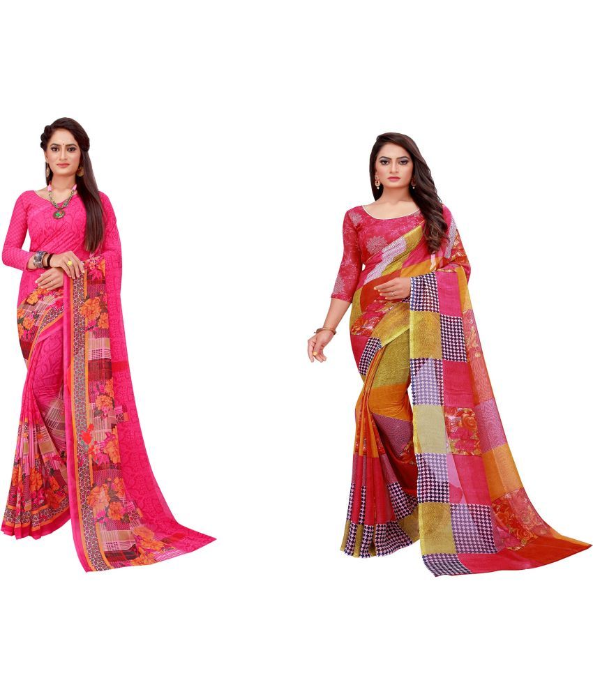     			Vkaran Cotton Silk Printed Saree With Blouse Piece - Multicolor ( Pack of 2 )