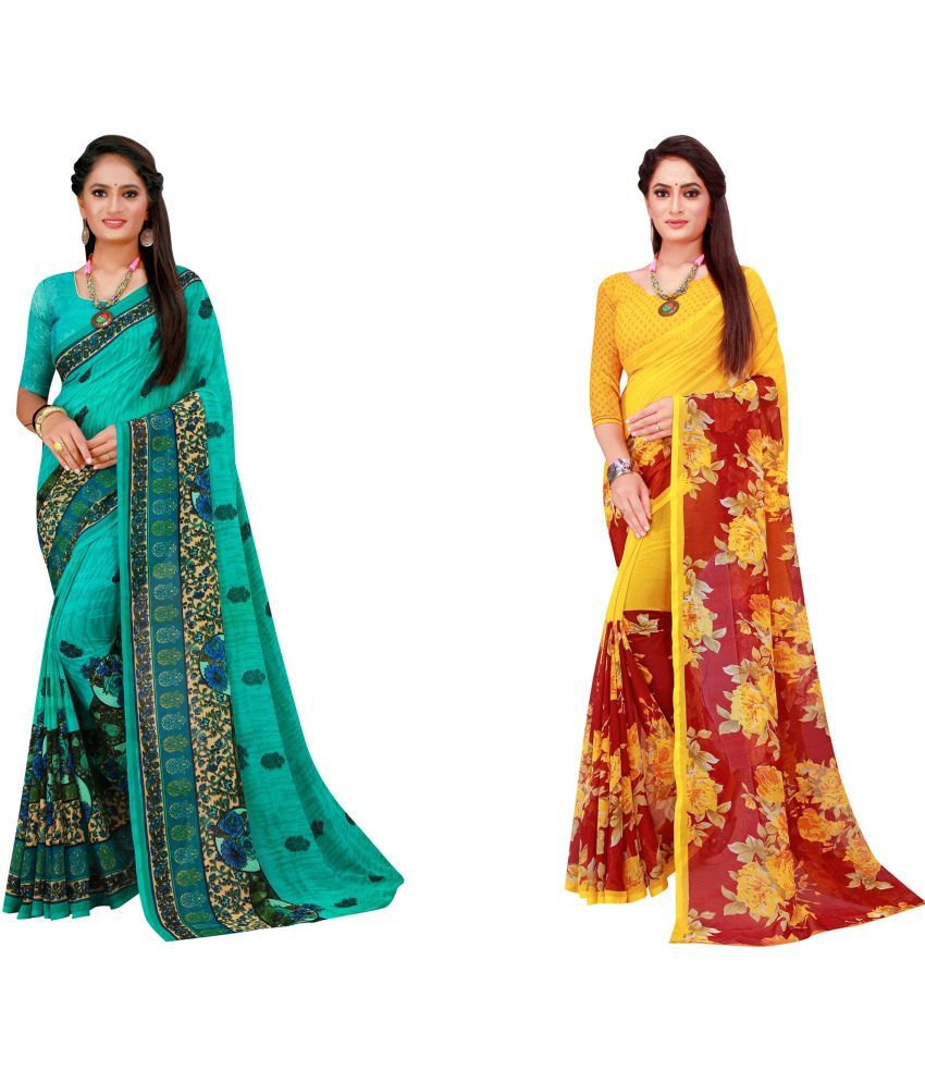     			Vkaran Cotton Silk Printed Saree With Blouse Piece - Multicolor ( Pack of 2 )