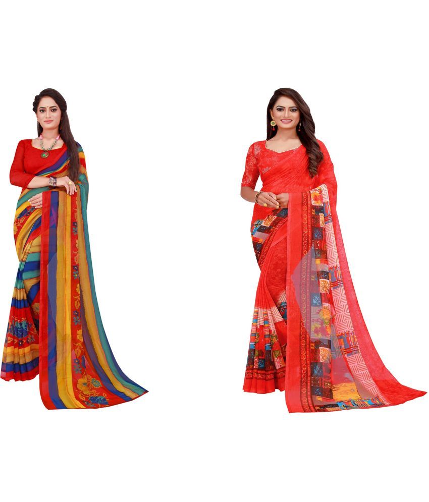     			Vkaran Cotton Silk Printed Saree With Blouse Piece - Multicolor ( Pack of 2 )