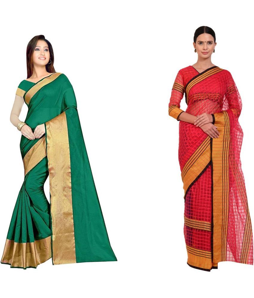     			Vkaran Cotton Silk Printed Saree With Blouse Piece - Multicolor ( Pack of 2 )