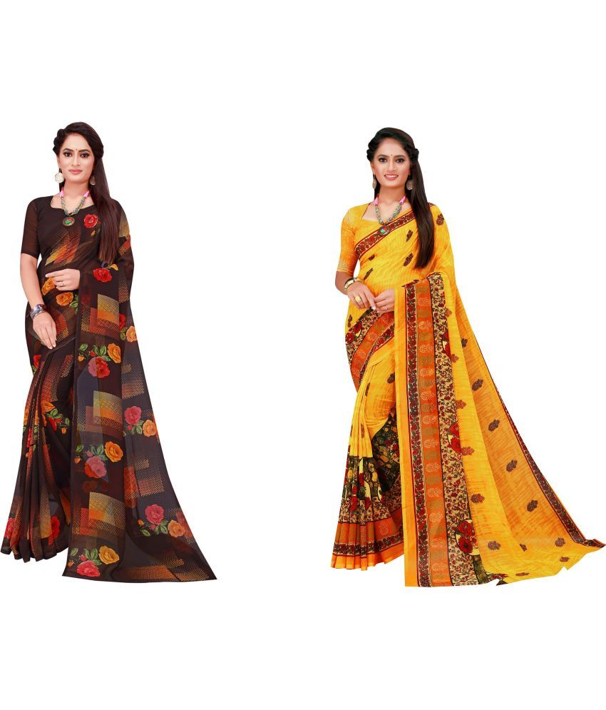     			Vkaran Cotton Silk Printed Saree With Blouse Piece - Multicolor ( Pack of 2 )