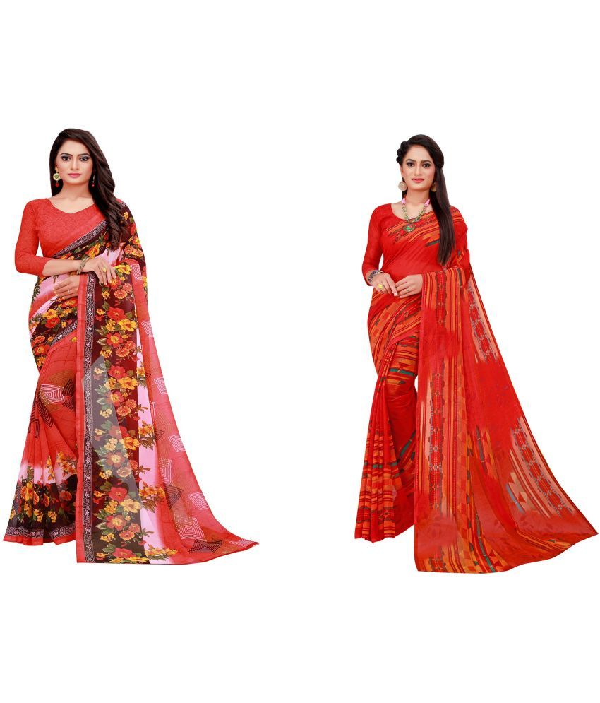     			Vkaran Cotton Silk Printed Saree With Blouse Piece - Multicolor ( Pack of 2 )