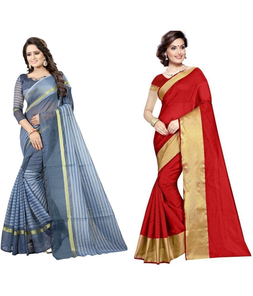     			Vkaran Cotton Silk Printed Saree With Blouse Piece - Multicolor ( Pack of 2 )