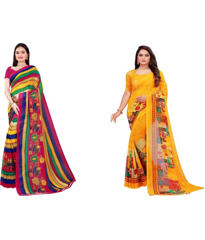     			Vkaran Cotton Silk Printed Saree With Blouse Piece - Multicolor ( Pack of 2 )