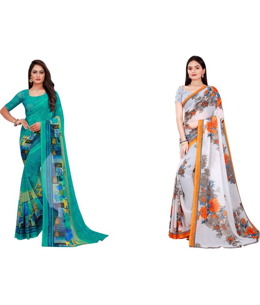     			Vkaran Cotton Silk Printed Saree With Blouse Piece - Multicolor ( Pack of 2 )