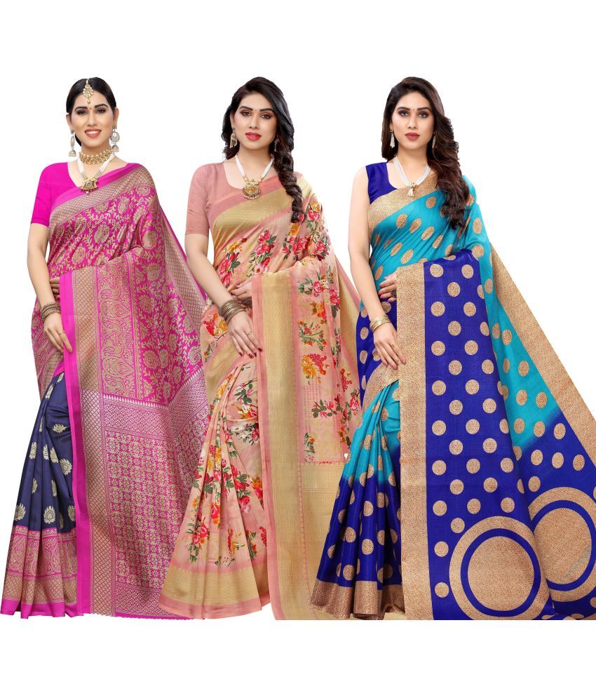     			Vkaran Cotton Silk Solid Saree Without Blouse Piece - Multicolor ( Pack of 2 )