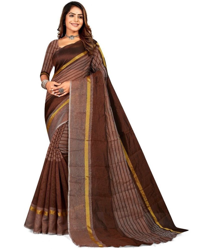     			Vkaran Net Cut Outs Saree With Blouse Piece - Brown ( Pack of 1 )