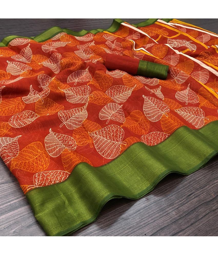     			Vkaran Net Cut Outs Saree With Blouse Piece - Orange ( Pack of 1 )