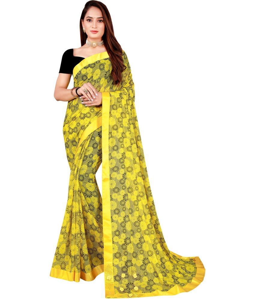     			Vkaran Net Cut Outs Saree With Blouse Piece - Yellow ( Pack of 1 )