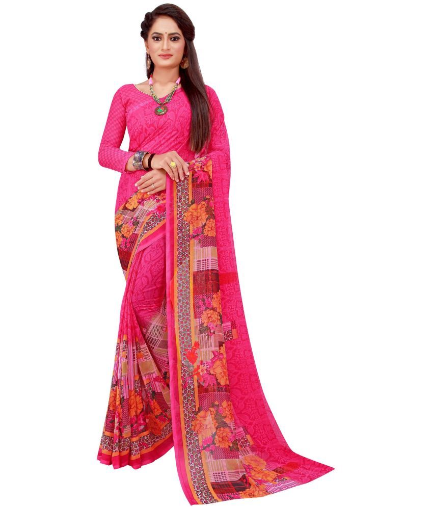     			Vkaran Net Cut Outs Saree With Blouse Piece - Pink ( Pack of 1 )