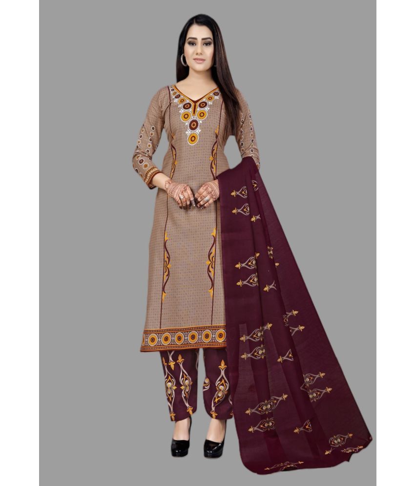     			WOW ETHNIC Unstitched Cotton Blend Printed Dress Material - Brown ( Pack of 1 )