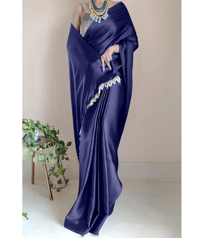     			A TO Z CART Satin Solid Saree With Blouse Piece - Navy Blue ( Pack of 1 )