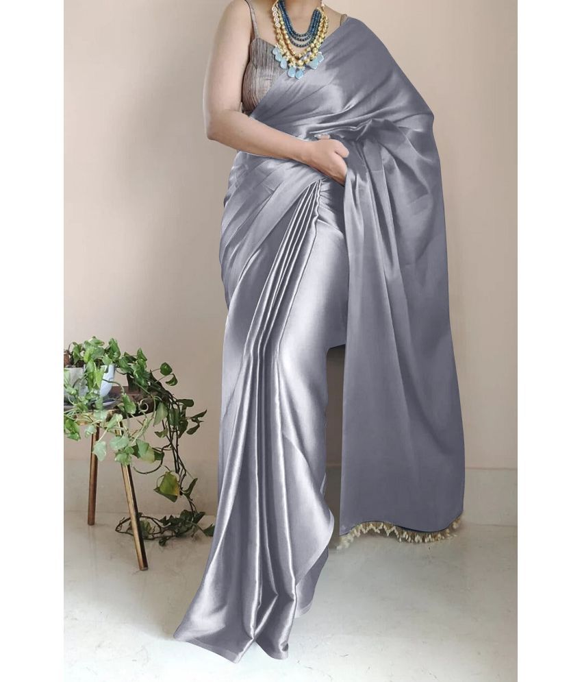     			A TO Z CART Satin Solid Saree With Blouse Piece - Grey ( Pack of 1 )