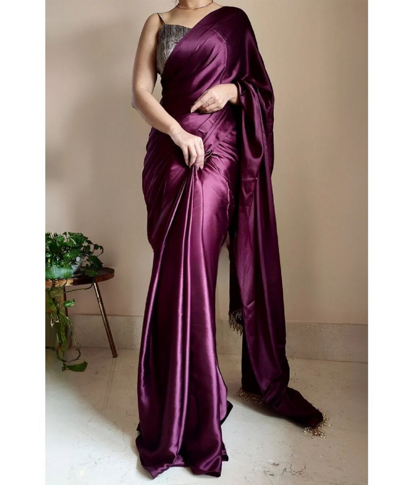    			A TO Z CART Satin Solid Saree With Blouse Piece - Purple ( Pack of 1 )