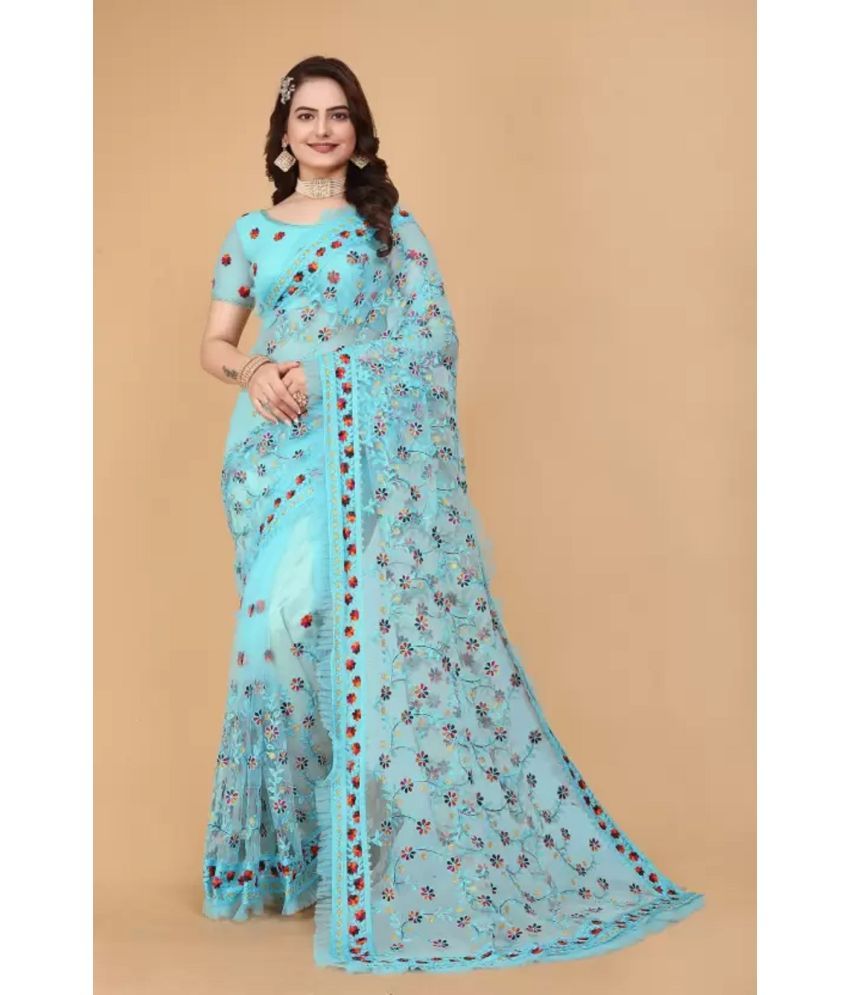     			Aika Net Embroidered Saree With Blouse Piece - SkyBlue ( Pack of 1 )