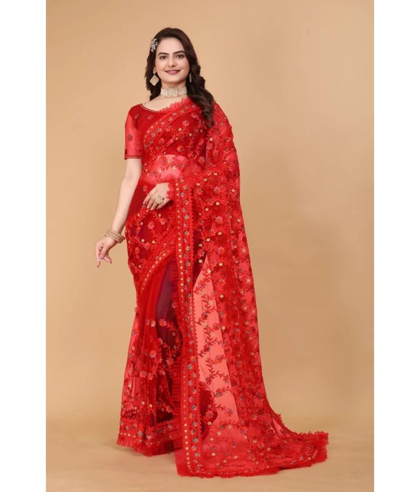     			Aika Net Embroidered Saree With Blouse Piece - Red ( Pack of 1 )