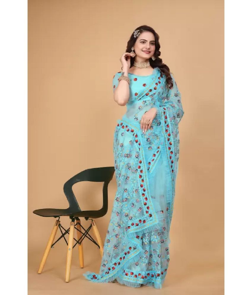     			Apnisha Net Embroidered Saree With Blouse Piece - SkyBlue ( Pack of 1 )