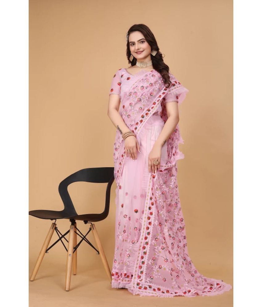     			Apnisha Net Embroidered Saree With Blouse Piece - Pink ( Pack of 1 )