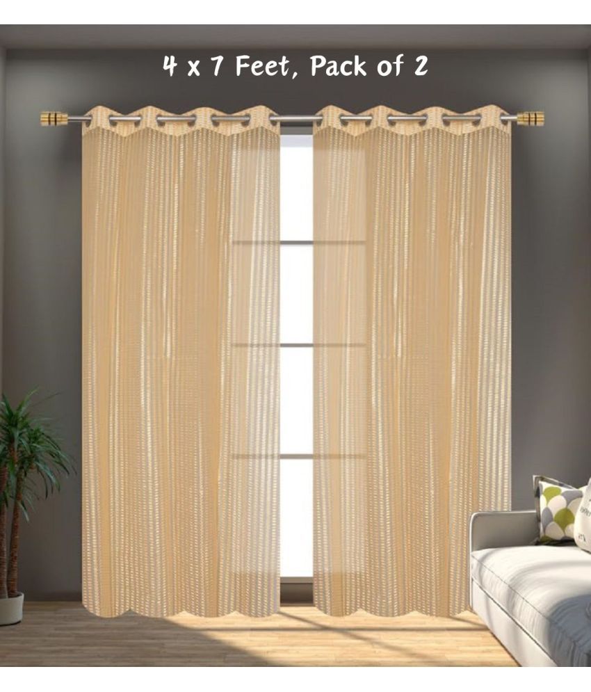     			SWIZIER Vertical Striped Semi-Transparent Eyelet Curtain 7 ft ( Pack of 2 ) - Beige