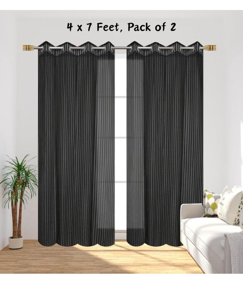     			SWIZIER Vertical Striped Semi-Transparent Eyelet Curtain 7 ft ( Pack of 2 ) - Black