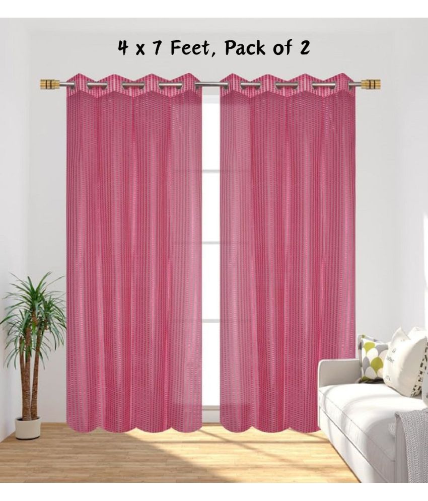     			SWIZIER Vertical Striped Semi-Transparent Eyelet Curtain 7 ft ( Pack of 2 ) - Pink