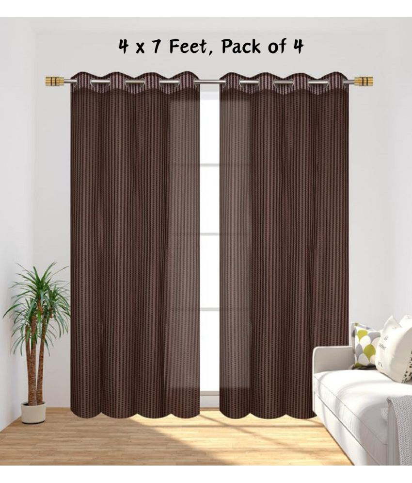     			SWIZIER Vertical Striped Semi-Transparent Eyelet Curtain 7 ft ( Pack of 4 ) - Brown