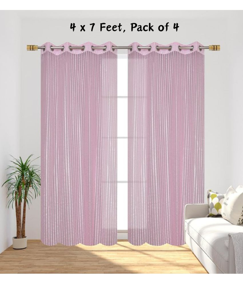     			SWIZIER Vertical Striped Semi-Transparent Eyelet Curtain 7 ft ( Pack of 4 ) - Fluorescent Pink