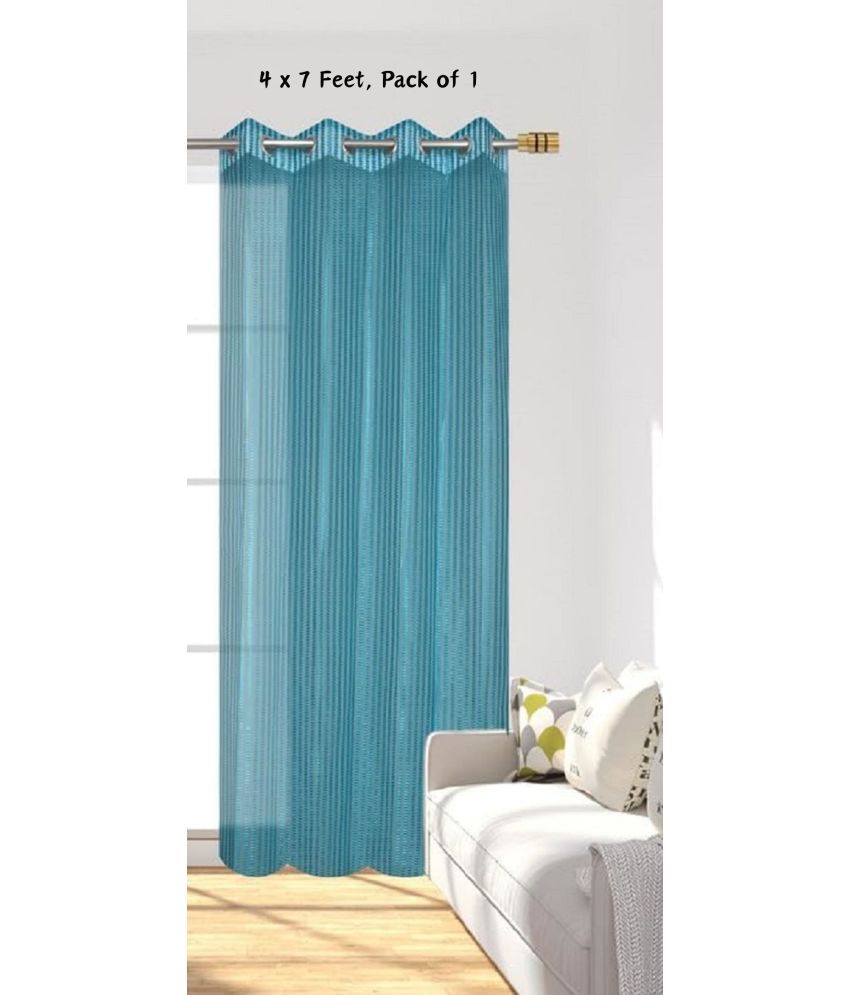     			SWIZIER Vertical Striped Semi-Transparent Eyelet Curtain 7 ft ( Pack of 1 ) - Light Blue