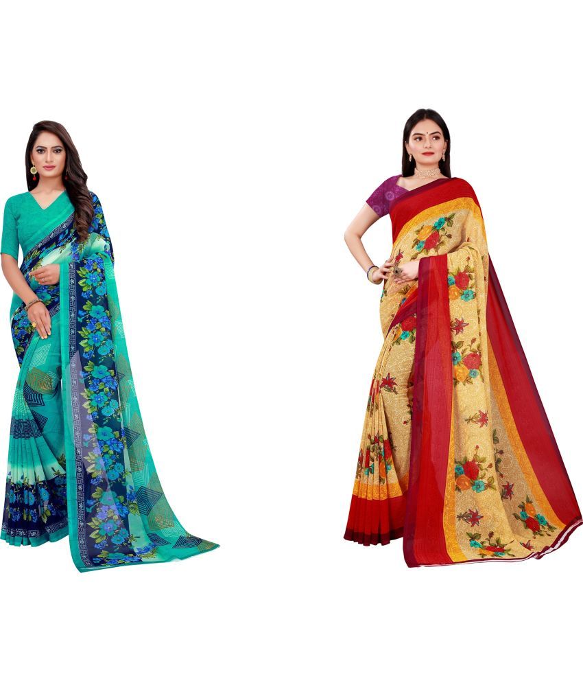     			Saadhvi Cotton Silk Printed Saree With Blouse Piece - Multicolor ( Pack of 2 )