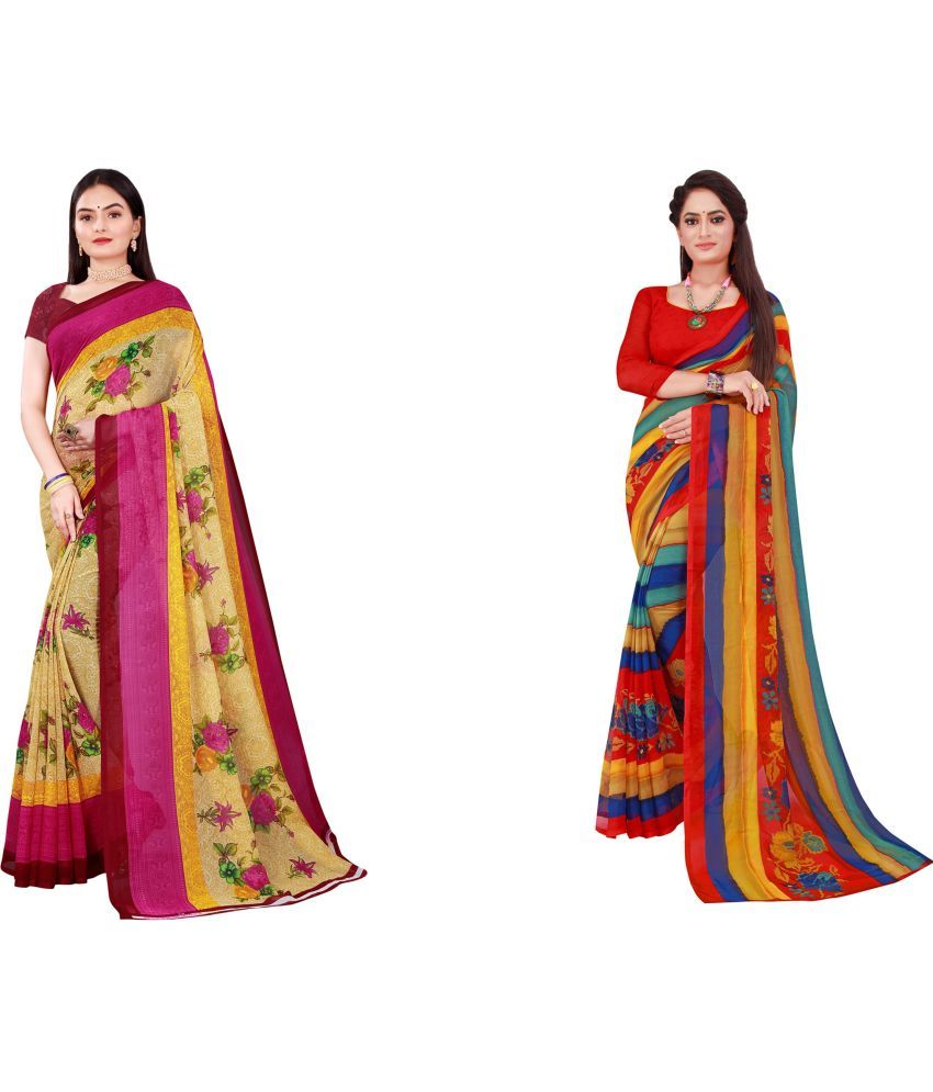     			Saadhvi Cotton Silk Printed Saree With Blouse Piece - Multicolor ( Pack of 2 )